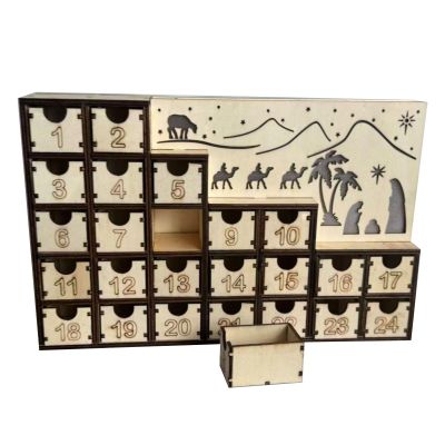 Tsophreniq Wood Christmas Calendar Cabinet Nativity Scene LED Lighting Desktop Ornament with Integrated Light Party Supplies Wooden Christmas Calendar Decoration