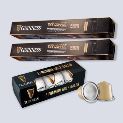 Guinness Coffee 232 Brew Gift Set 2 x Guinness '232' Coffee Capsules (20 capsules) & 3 Guinness Logo Golf Balls by Tiki Tonga Coffee Roasters