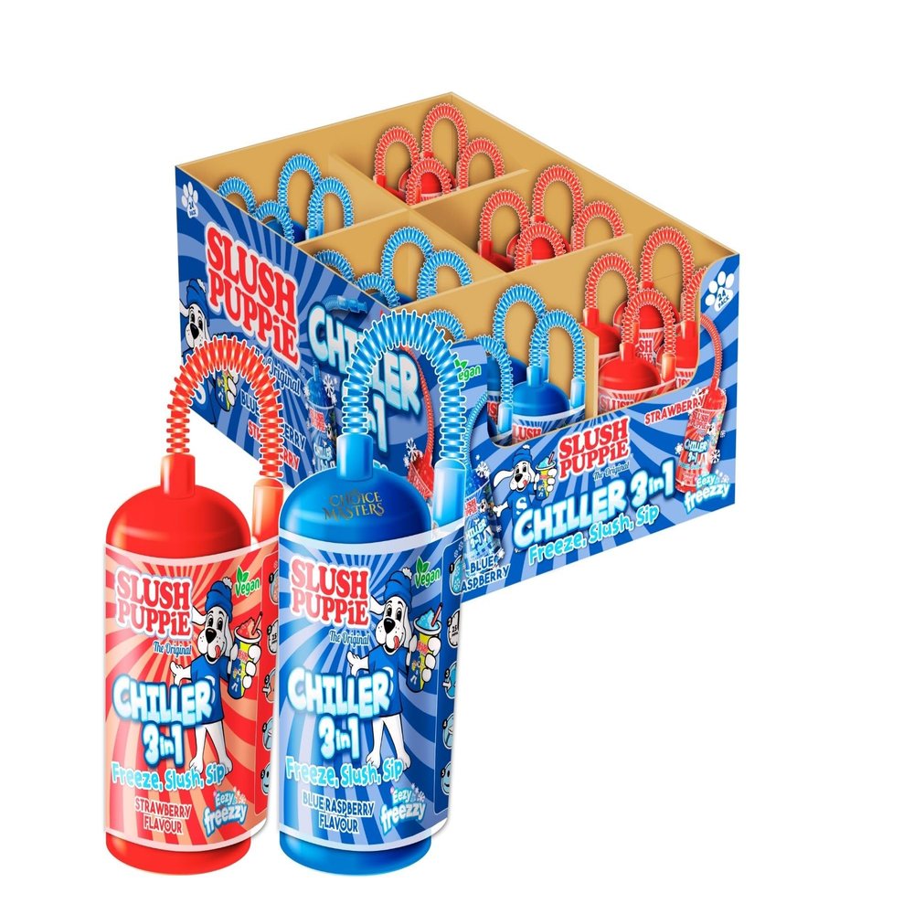Slush Puppie Chiller 3 in 1 Bottle 180ml Multipack Freeze, Slush & Sip Frozen Drink | Blue Raspberry & Strawberry Flavours | Vegan Friendly Kids Slush Drink | FULL BOX OF 24 CHILLERS