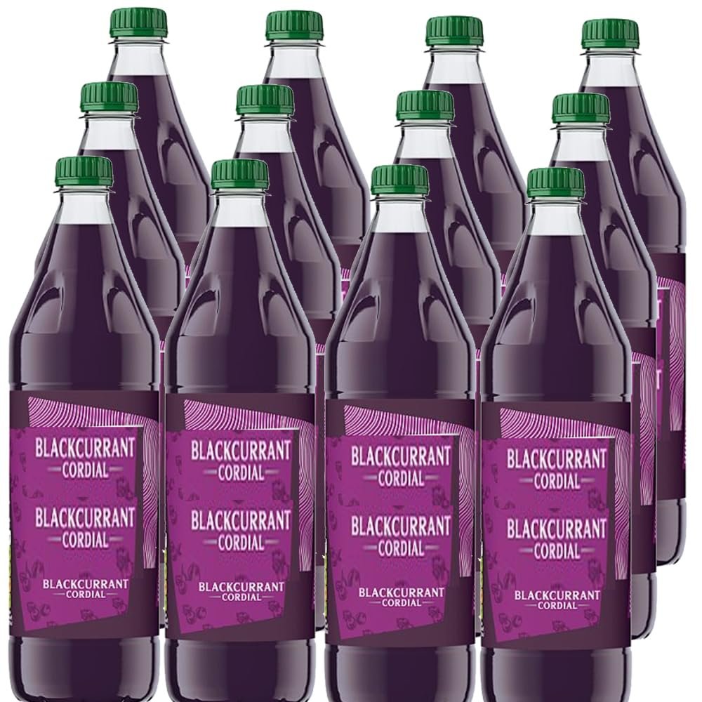Variety Cordial Drink Bottle 1L Lime, Blackcurrant & Orange Soft Drink Concentrate with Sugar & Sweeteners for Refreshing Drinks - brtv (12 x Bottle, Blackcurrant Cordial 1L)