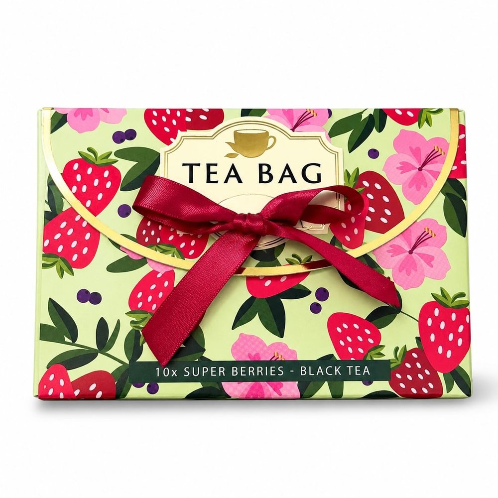 Luxury Super Berries Green Tea Handbag Gift Set 10 Premium Individually Wrapped Fruity Green Tea Bags Elegant Berry Tea Gift Box with Ribbon Handle Luxury Afternoon Tea Gift for Tea Lovers