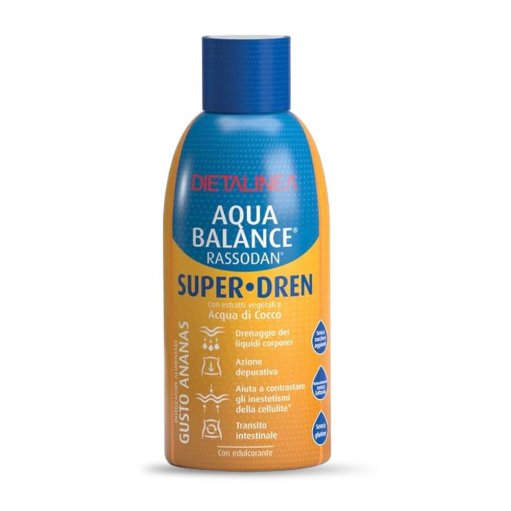 Strong Draining Diuretic Coconut Water Anti-Cellulite - Strong Lymphatic Drainage - 10 Extracts Titled Pineapple Flavour 500 ml - Aqua Balance Rassodan Super Dren - Dietalinea