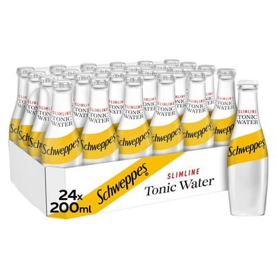 Schweppes Slimline Tonic Water, Low Calorie, Made with Quinine, Vegan, Gluten Free, 24 x 200ml Glass Bottles