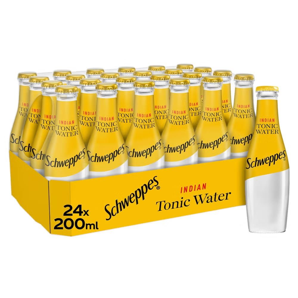Schweppes Indian Tonic Water, Sparkling Soft Drink with Quinine, 24 x 200ml Glass Bottles