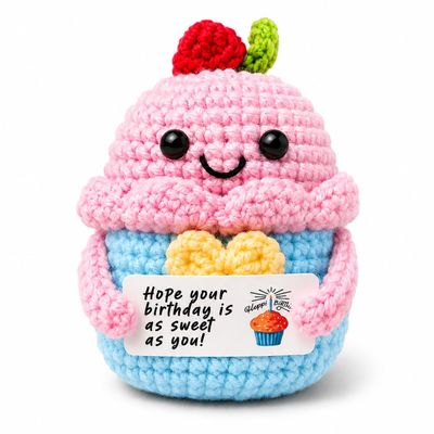 Mifafaci Happy Birthday Gift Crochet, Positive Cupcake Crochet Present Idea for Women, Men, Mom,Dad, Teen Girls, Friends, Memorable Birthday Gift Card for Her/Him Ideas