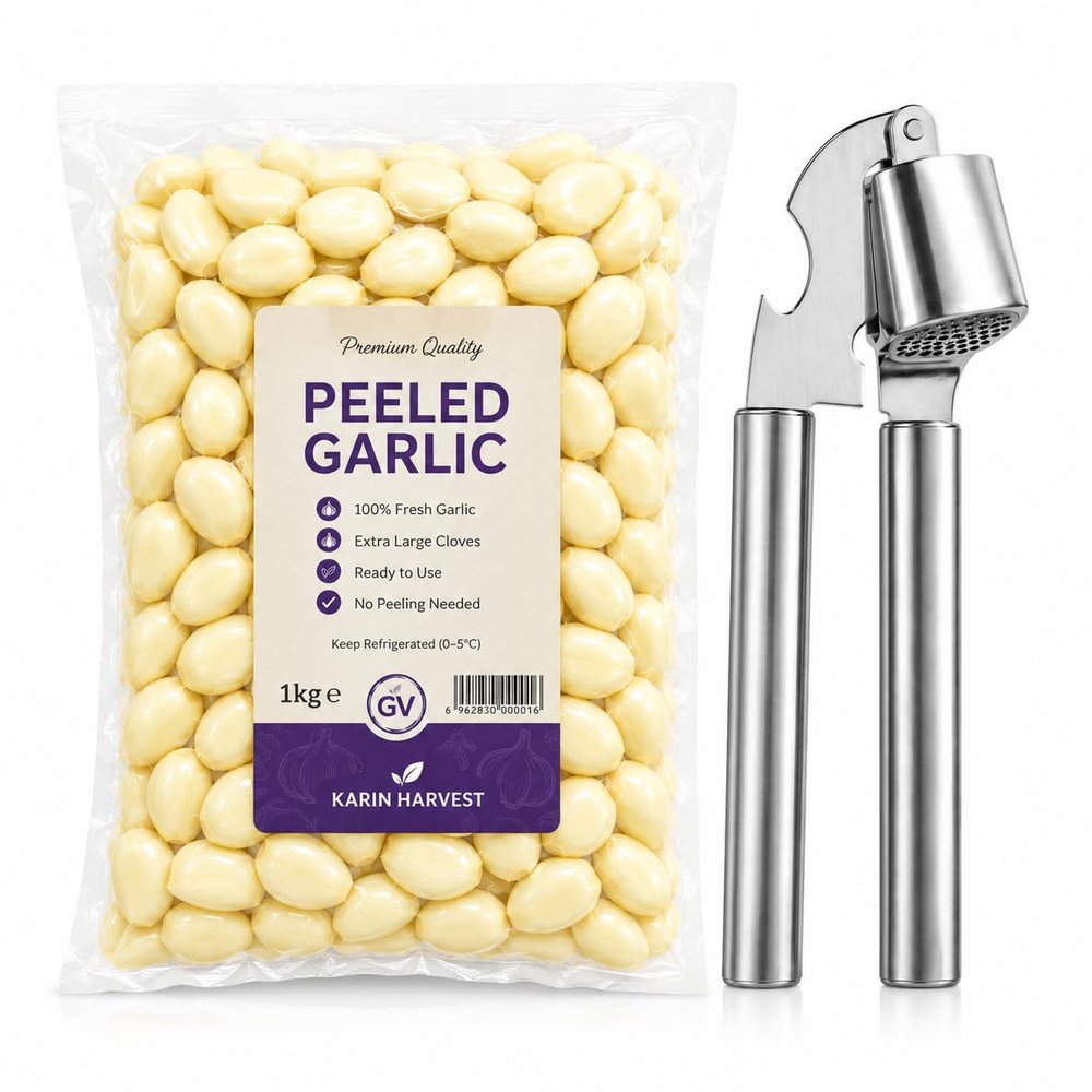 Peeled Fresh Garlic with Stainless Steel Garlic Press & Bottle Opener Set Ready to Use Garlic Cloves for Easy Cooking & Meal Prep