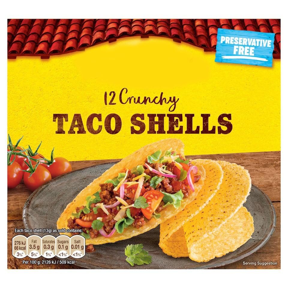 Crunchy Taco Shells, 12 Pieces, 156g, Preservative Free, Gluten Free, Suitable for Vegetarians