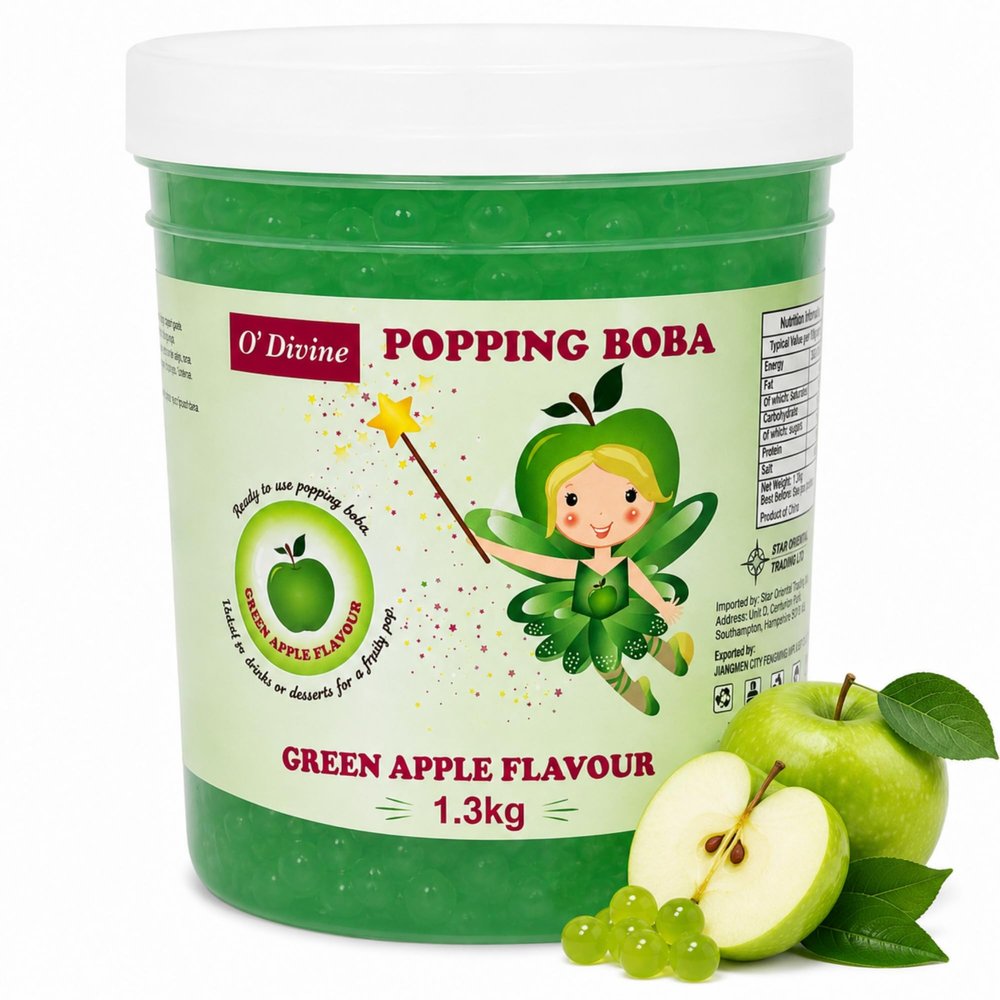 O'Divine Popping Boba 1.3kg Green Apple Flavour Ready to Use Fruit Popping Pearls for Bubble Tea, Drinks, Desserts & Cocktails