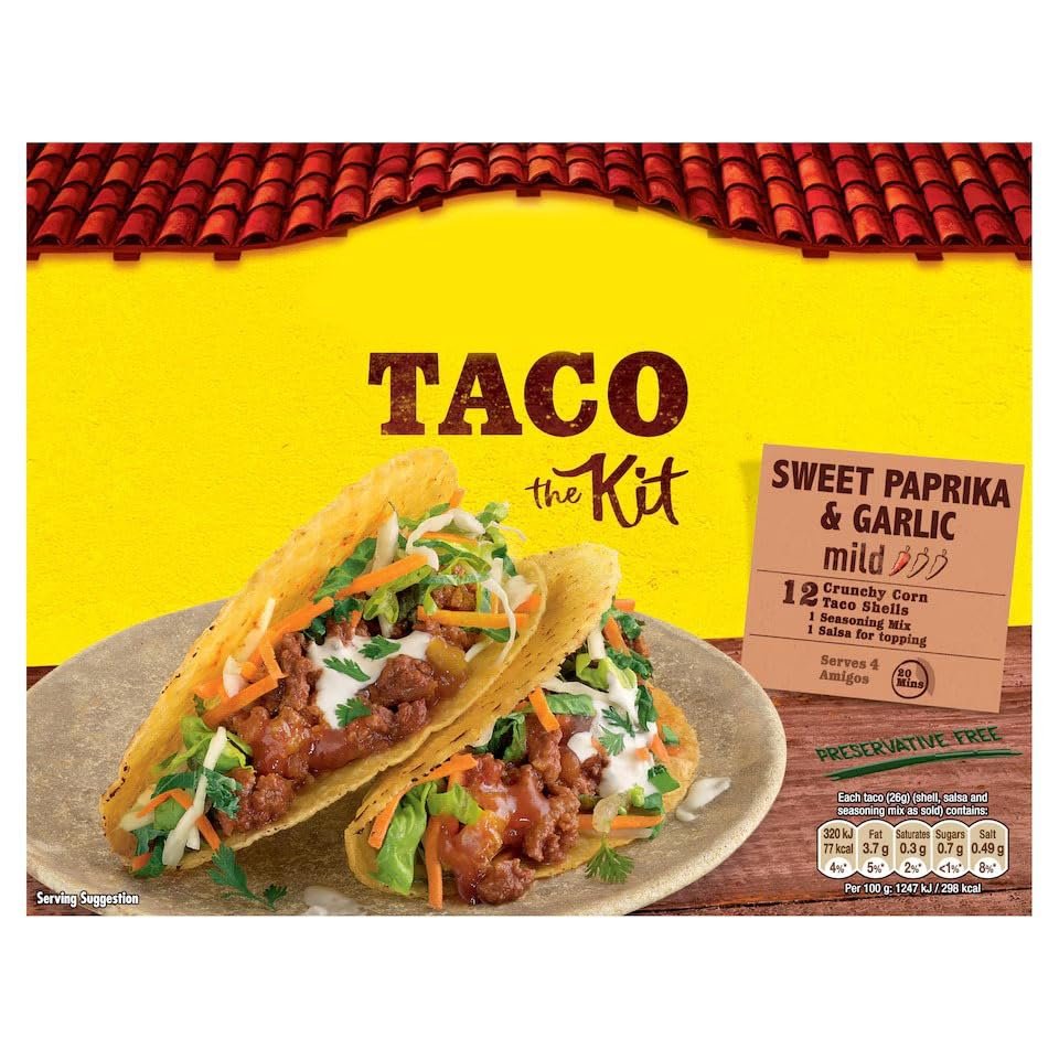Taco the Kit Sweet Paprika & Garlic Mild Taco Kit, 12 Crunchy Corn Shells, Seasoning Mix and Salsa, 308g