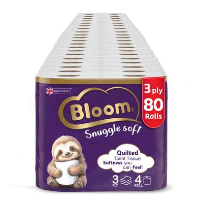 Bloom Snuggle Soft 3-Ply Toilet Rolls | Pure Paper Soft & Absorbent | 100% Recyclable | Unscented (Pack of 80)