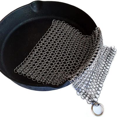 FIYSON 2 pieces cast iron cleaner, 316 stainless steel Dutch oven cleaner, chainmail ring cleaner, grill brush cleaning set for woks, grill pans or teapot glass (square, 4 x 4 inches)