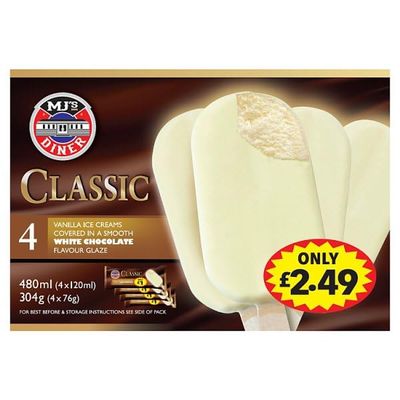 MJ's Diner Classic 4 Vanilla Ice Creams in a Smooth White Chocolate Flavour Glaze 304g (4x76g) | Case of 7