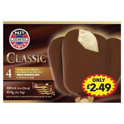 Mj's Diner Classic Vanilla Ice Creams Covered in a Smooth Milk Chocolate Flavour Glaze 4 x 76g | Case of 7