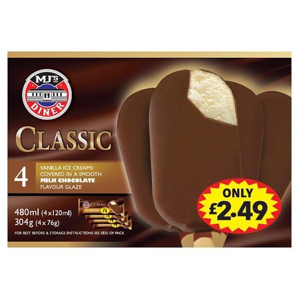 Mj's Diner Classic Vanilla Ice Creams Covered in a Smooth Milk Chocolate Flavour Glaze 4 x 76g | Case of 7