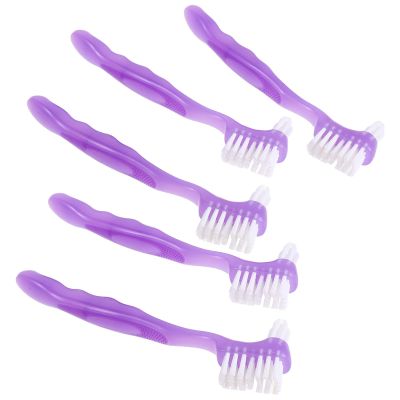 HINTRMENT 5pcs Denture Toothbrush for Adults with Double-Sided Soft and Firm Bristles, Portable Plastic and Nylon False Teeth Brush for Partial Denture Cleaning on Business Trips