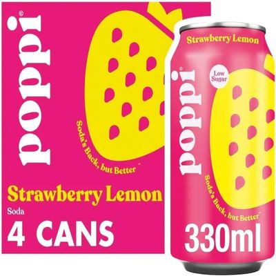 Popi Prebiotic Soda Cans 4 x 330ml | Low Sugar Sparkling Soft Drink | All Flavours (Poppi Strawberry & Lemon)