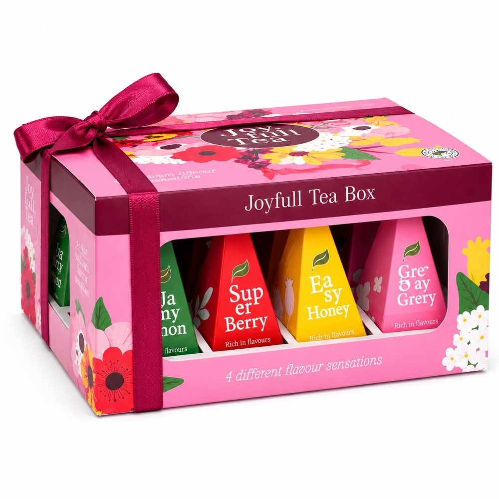 Joyful Tea Gift Box with 12 Premium Tea Bags Jasmine Lemon, Berry Mix, Ginger Honey & Earl Grey Passion Fruit Variety Selection Luxury Ready to Gift Tea Collection for Birthdays & Thank You Gifts