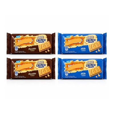 Oaty Crunch Cream Biscuit Variety Pack of 4 Chocolate & Milk Flavour Cream Filled Oat Biscuits, Snack Hamper Bundle, 2 Packs of Each, 4 x 100g (Total 400 g) with Thank You Card