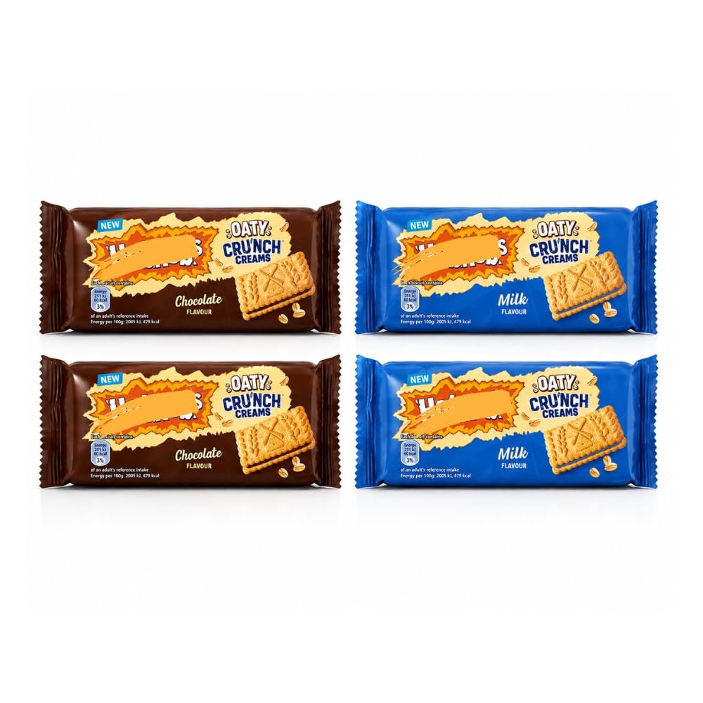 Oaty Crunch Cream Biscuit Variety Pack of 4 Chocolate & Milk Flavour Cream Filled Oat Biscuits, Snack Hamper Bundle, 2 Packs of Each, 4 x 100g (Total 400 g) with Thank You Card