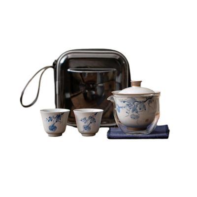 Ceramic blue-and-white hand-painted cover cup outdoor portable travel tea set-hand-painted gourd