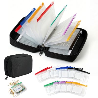 Waterproof Pill Organizer Set - Waterproof Pill Organiser Pouch with 14 Color-Coded Medicine Pouches, Reusable Travel Medicine Organizer, Zippered Pill Storage for Fish Oils, Vitamins (Black)