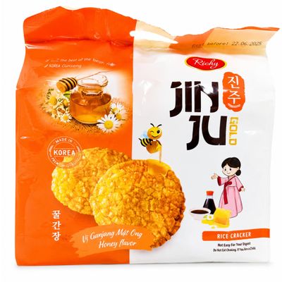 Richy Jinju Honey Flavour Rice Crackers 168g | Sweet & Savoury Korean Style Rice Snacks | Individually Wrapped Crispy Baked Rice Crackers | Asian Snack Sharing Pack