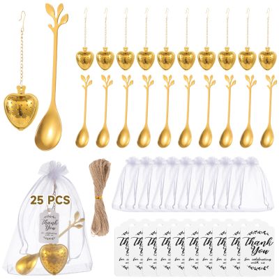 25 Sets Bridal Shower Favors, Tea Party Supplies Kit with Heart Shaped Tea Infusers, Leaf Tea Spoons, Organza Bags, Thank You Cards, Wedding Souvenirs for Guests