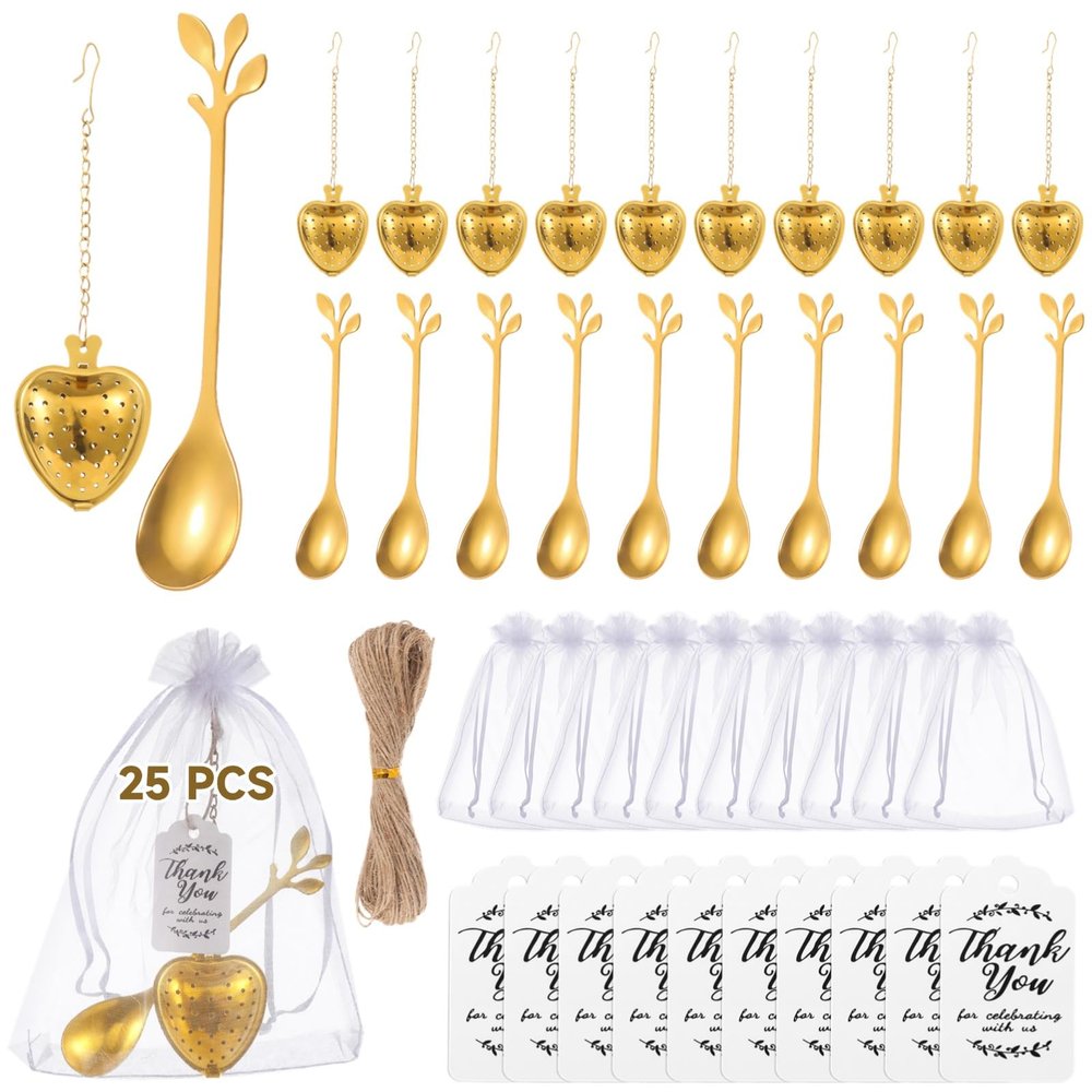 25 Sets Bridal Shower Favors, Tea Party Supplies Kit with Heart Shaped Tea Infusers, Leaf Tea Spoons, Organza Bags, Thank You Cards, Wedding Souvenirs for Guests