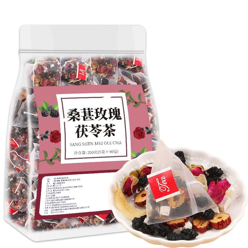 DAMAICHUHAI Mulberry Rose Poria Tea Bags, 200g, 5g x 40 Individually Wrapped Herbal Tea Packs, Fruity Floral Tea Blend with Mulberry, Rose and Poria, Hot or Iced Tea for Daily Brewing