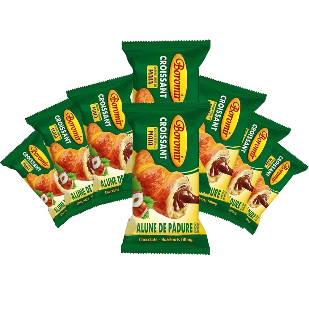 Boromir Croissant with Hazelnut Chocolate Cream 50g Nut Chocolate Filled Sweet Pastry Snack Breakfast Bakery Product of Romania Pack of 8