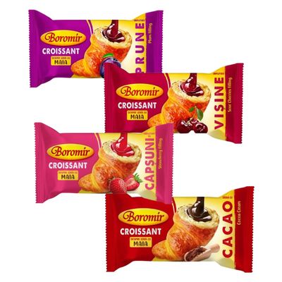 Boromir Croissant Assorted Flavors Combo Pack Crema Prune Sour Cherry Jam Strawberry Jam Cacao Each 60G Sweet Pastry Snack Product of Romania