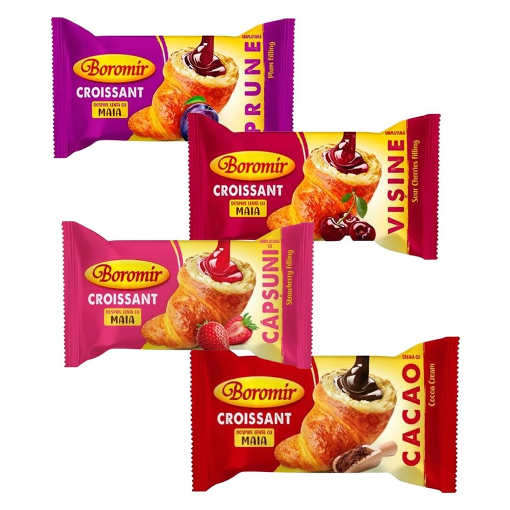 Boromir Croissant Assorted Flavors Combo Pack Crema Prune Sour Cherry Jam Strawberry Jam Cacao Each 60G Sweet Pastry Snack Product of Romania