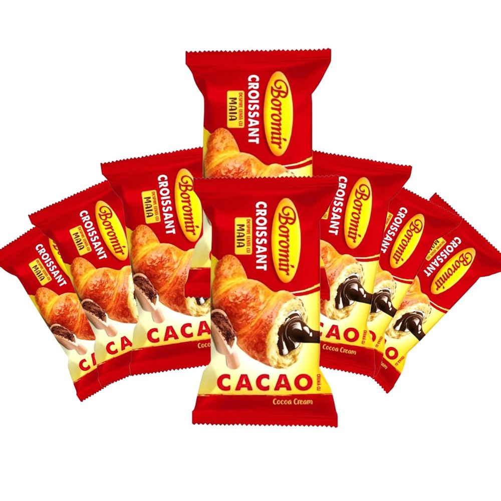 Boromir Croissant Cacao 60g Cocoa Cream Filled Sweet Pastry Snack Breakfast Bakery Product of Romania Pack of 8