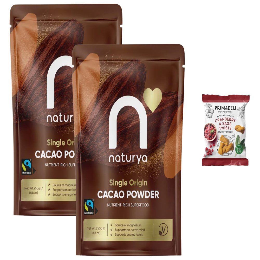Naturya Organic Fairtrade Cacao Powder 250g (Pack of 2) + Primadeli Snack, Single Origin Cocoa Powder, High Magnesium, Copper, Protein, Vegan, from SuperfoodUK