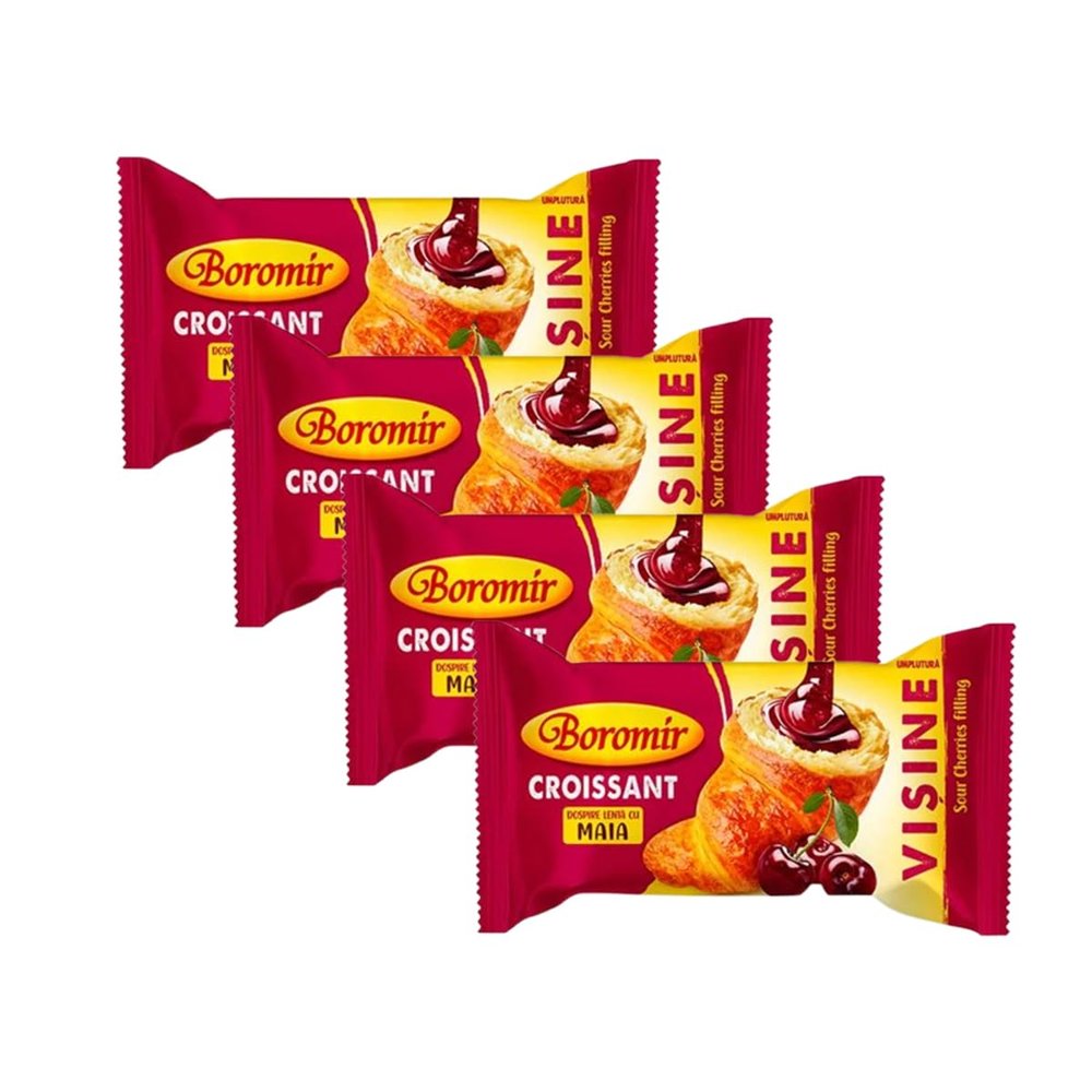 Boromir Croissant with Sour Cherry Jam 60g Fruit Filled Sweet Pastry Snack Breakfast Bakery Product of Romania Pack of 4