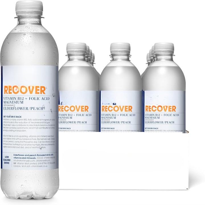 Vitaamin Weell Elderflower & Peach Flavouredwater Enriched with Vitamin B12, Folic Acid, Magnesium, Low Calorie, Vitaminwater 12 x 500ml (RECOVER) | NAEM
