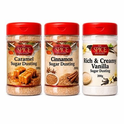 Sugar Dusting Variety Pack 600g (3 x 200g) Coffee Shop Favourites Collection Caramel Bliss, Warm Cinnamon Spice & Creamy Vanilla Dream For Coffee, Hot Chocolate, Doughnuts, Pancakes & Baking