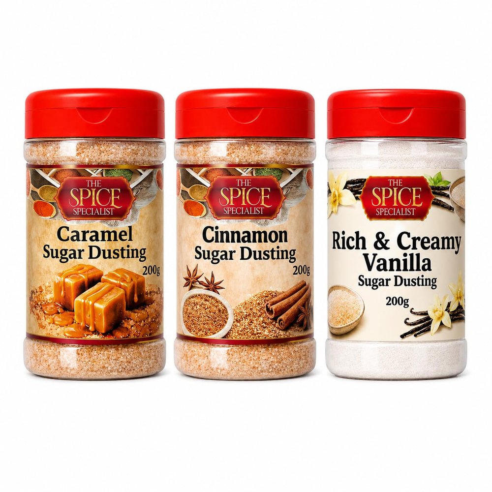 Sugar Dusting Variety Pack 600g (3 x 200g) Coffee Shop Favourites Collection Caramel Bliss, Warm Cinnamon Spice & Creamy Vanilla Dream For Coffee, Hot Chocolate, Doughnuts, Pancakes & Baking