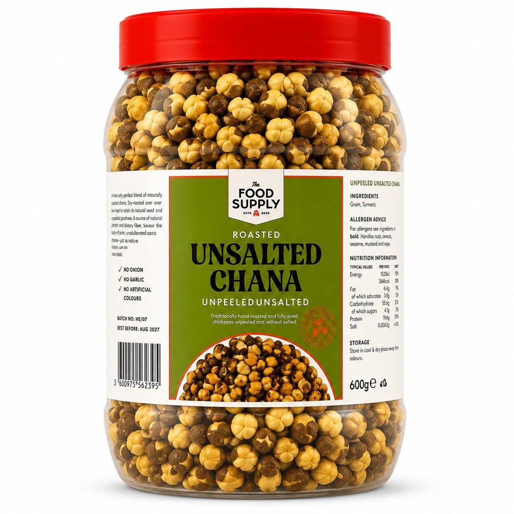 TFS Unsalted Chana 600g, Roasted Unpeeled Chana, No Added Salt Crunchy Gram Snack, Ready to Eat Indian Snack, No Onion No Garlic, Tea-Time, Lunchbox & Family Jar