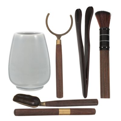 Mikikit White Tea Set with Wooden and Copper Accessories, Easy to Clean Ceramic Tea Ceremony Set and Sturdy the Holiday Gift for Friends, Relatives and Colleagues