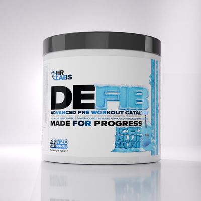HR Labs DEFIB, Ultimate All in One Advanced Strong Pre Workout Powder, High Caffeine Content, 40/20 Servings, 420g, Athlete Approved 8 Great Tasting Flavours (420g, Iced Blue Slush)