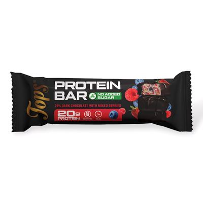Tops Protein Bars, No Added Sugar, 20g Whey Protein Isolate Per Bar, 7 Flavours, Gluten Free, Vegetarian 60g (One Bar, Mix Berries Dark Chocolate)