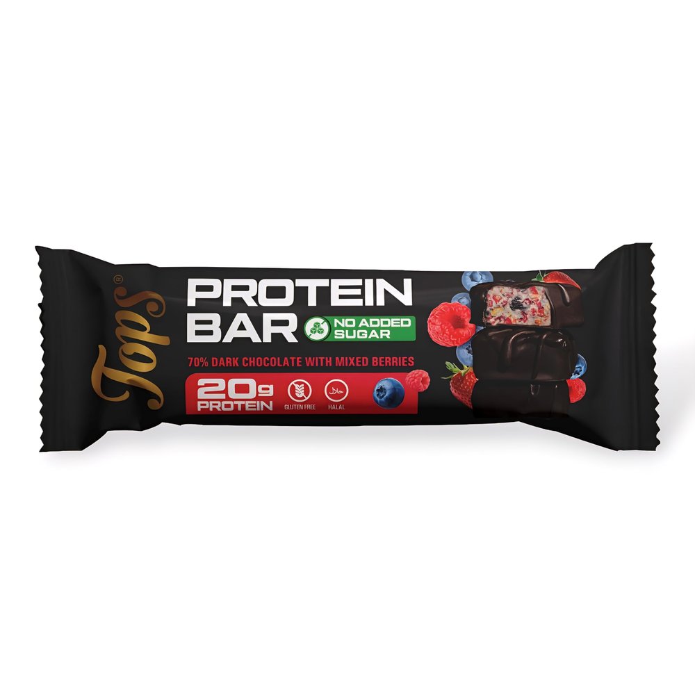 Tops Protein Bars, No Added Sugar, 20g Whey Protein Isolate Per Bar, 7 Flavours, Gluten Free, Vegetarian 60g (One Bar, Mix Berries Dark Chocolate)