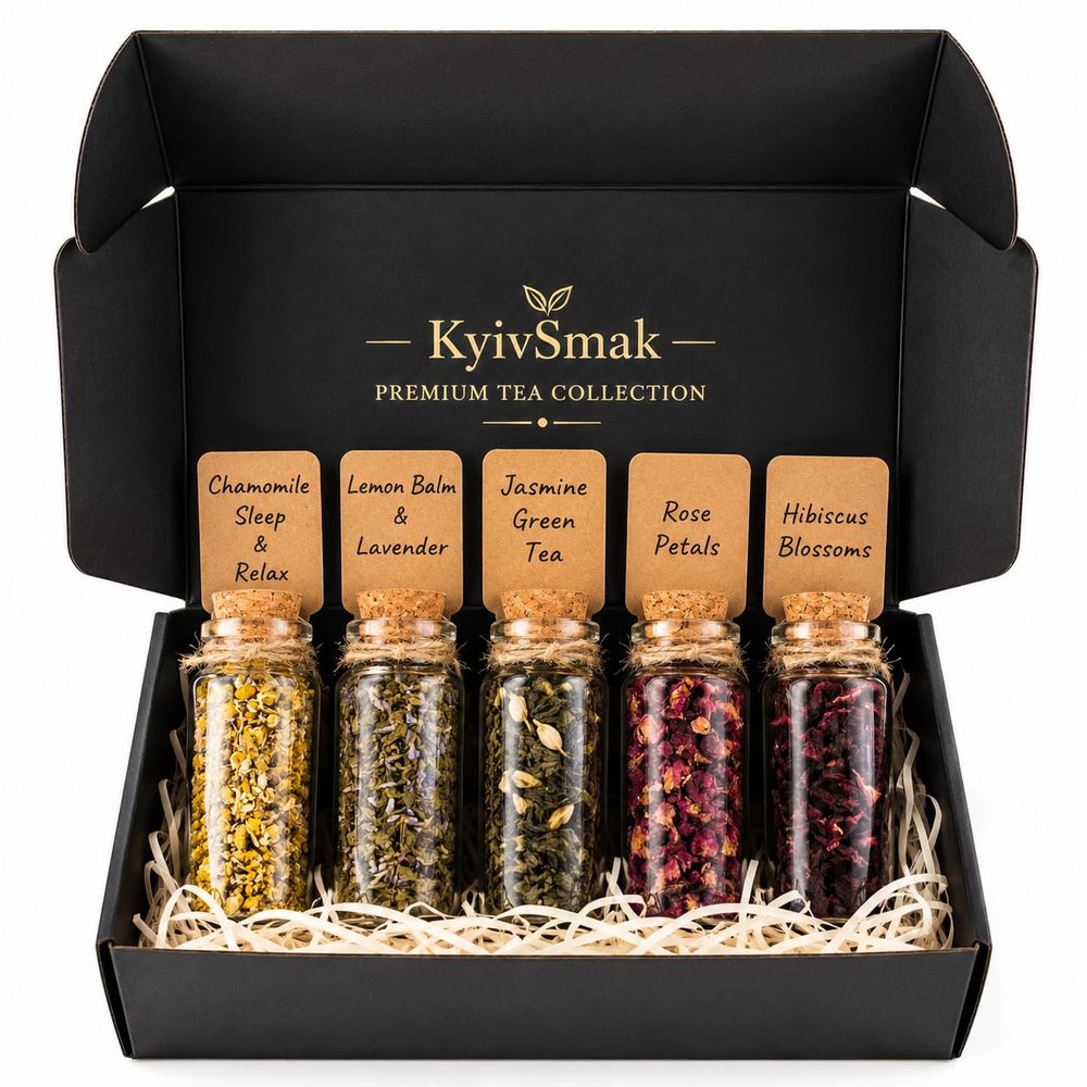 Premium Tea Gift Set 5 Loose Leaf Herbal & Green Teas in Glass Vials | Luxury Tea Sampler Gift Box | 30+ Cups | Gift for Women & Men