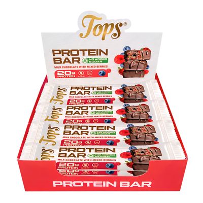 Tops Protein Bars, No Added Sugar, 20g Whey Protein Isolate Per Bar, 7 Flavours, Gluten Free, Vegetarian, 60g (Pack of 12 Bars, Mix Berries Milk Chocolate)