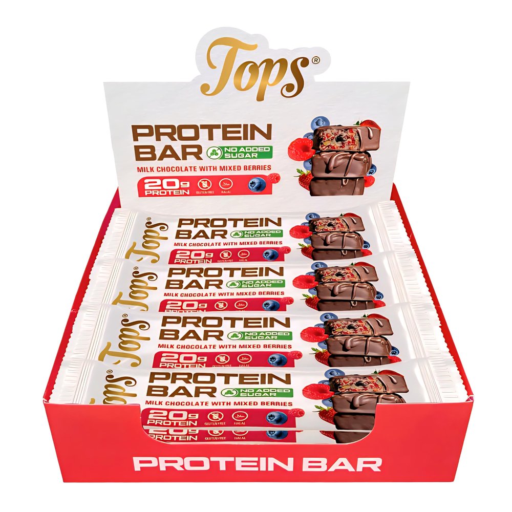Tops Protein Bars, No Added Sugar, 20g Whey Protein Isolate Per Bar, 7 Flavours, Gluten Free, Vegetarian, 60g (Pack of 12 Bars, Mix Berries Milk Chocolate)