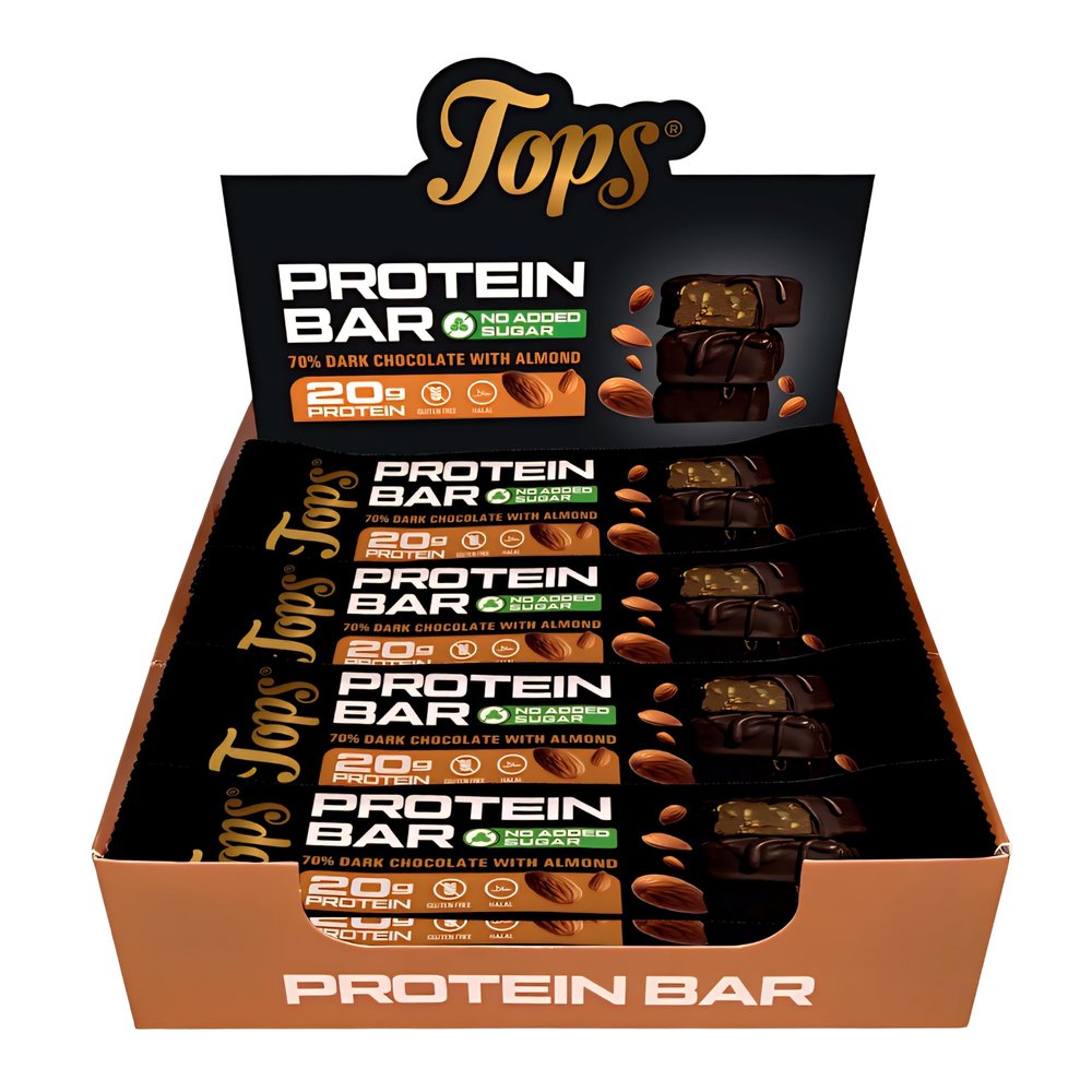 Tops Protein Bars, No Added Sugar, 20g Whey Protein Isolate Per Bar, 7 Flavours, Gluten Free, Vegetarian 60g (Pack of 12 Bars, Almond Dark Chocolate)