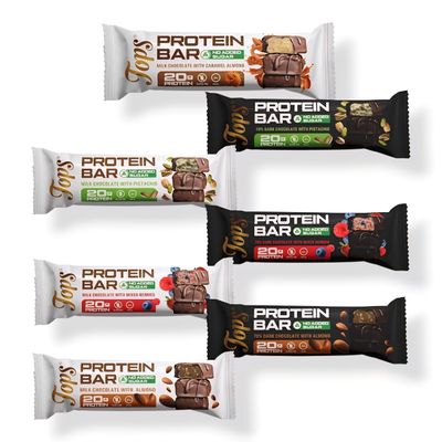 Tops Protein Bars, No Added Sugar, 20g Whey Protein Isolate Per Bar, 7 Flavours, Gluten Free, Vegetarian 60g (Pack of 12 Bars, Variety Box of 7 Flavours)