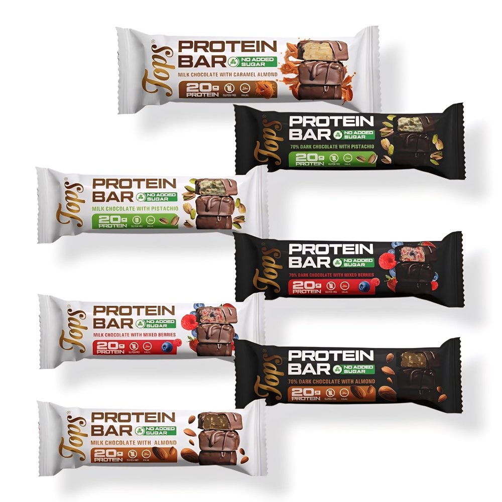 Tops Protein Bars, No Added Sugar, 20g Whey Protein Isolate Per Bar, 7 Flavours, Gluten Free, Vegetarian 60g (Pack of 12 Bars, Variety Box of 7 Flavours)