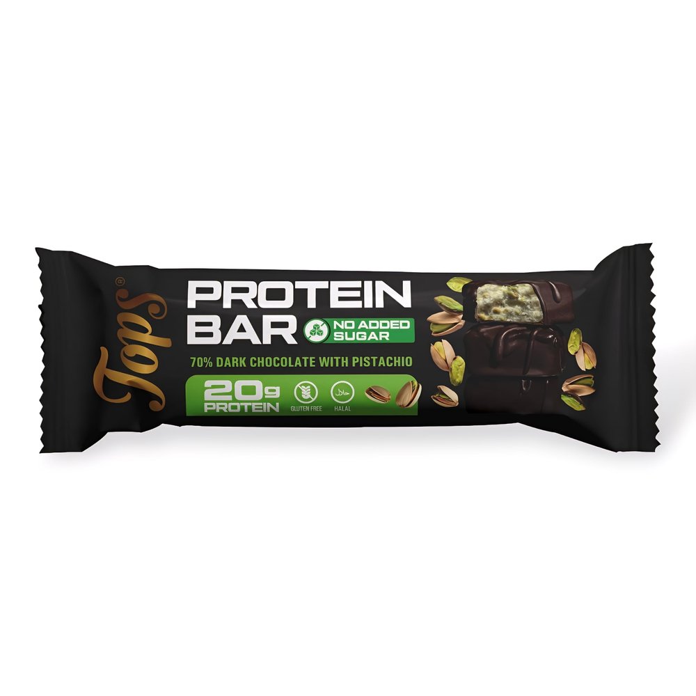 Tops Protein Bars, No Added Sugar, 20g Whey Protein Isolate Per Bar, 7 Flavours, Gluten Free, Vegetarian 60g (One Bar, Pistachio Dark Chocolate)